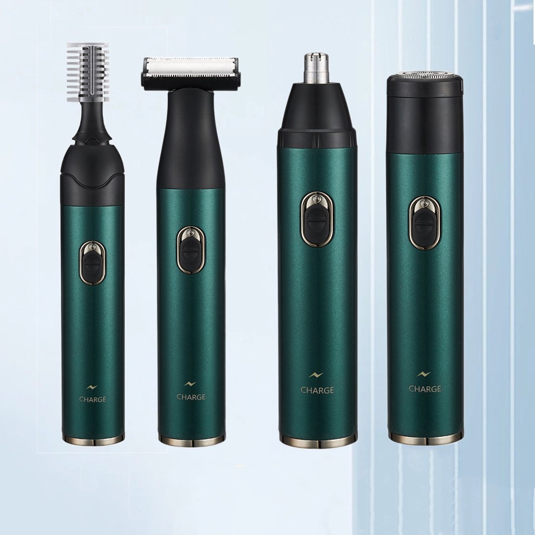 4-in-1 Electric Nose Hair Trimmer Kit - Rechargeable Multifunctional Groomer for Men Dark green 4-in-1 nose ear eyebrow trimmer kit