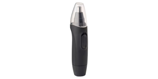 Black Electric Nose Hair Trimmer with Transparent Protective Cap and Operation Buttons for Easy Facial Grooming