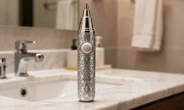 Ornate vintage-style nose hair trimmer on a bathroom sink, showcasing design evolution.