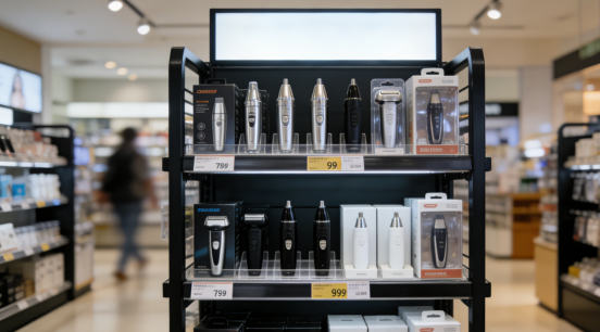 Assorted nose hair trimmers displayed on a retail store shelf