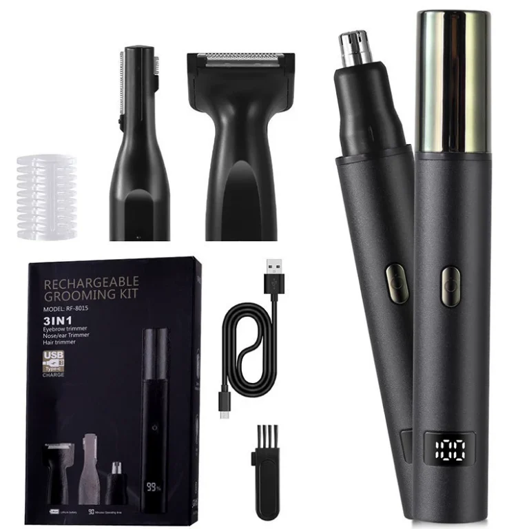 3-in-1 Nose, Ear & Eyebrow Trimmer – 90-Min Runtime, Interchangeable Heads