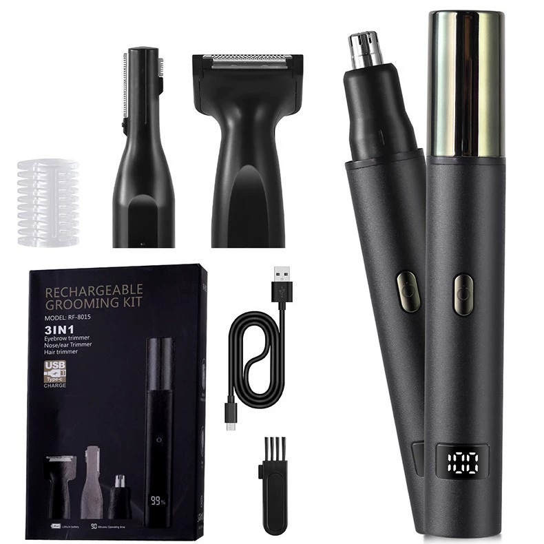 3-in-1 Nose, Ear & Eyebrow Trimmer – 90-Min Runtime, Interchangeable Heads