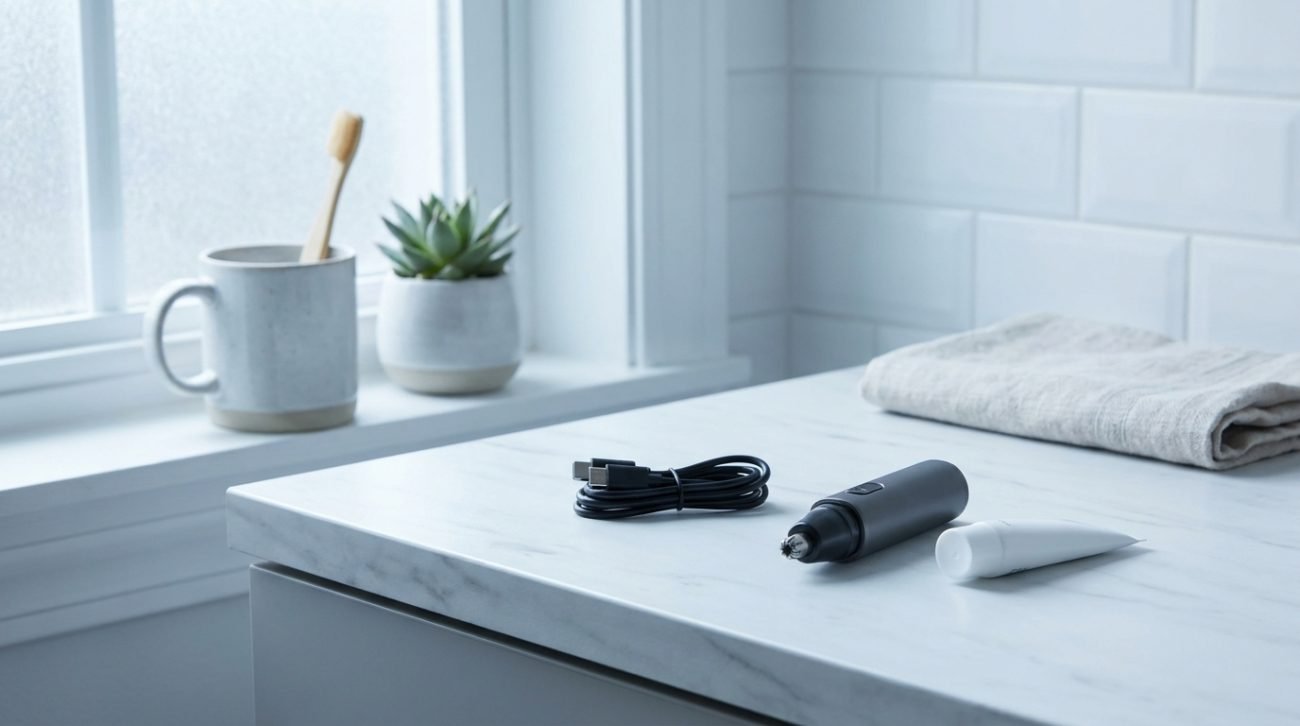 Clean bathroom counter with nose hair trimmer, USB-C cable, and minimal grooming items — daily routine setup