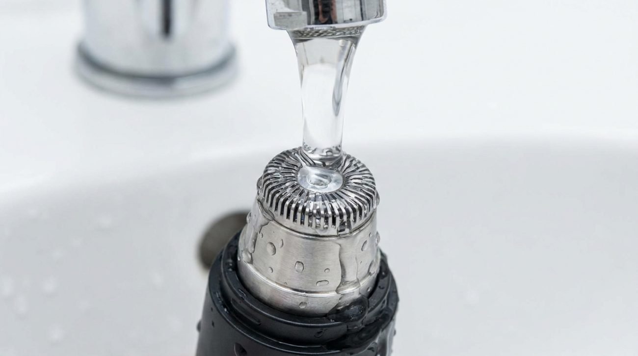 Close-up of IPX7 nose hair trimmer blade head rinsing under running water — stainless steel rotary blade, clean bathroom setting