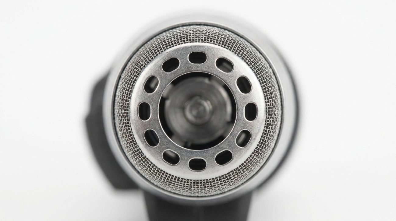 Close-up of nose hair trimmer protective guard showing blade clearance — rounded rotary head design for safe senior use