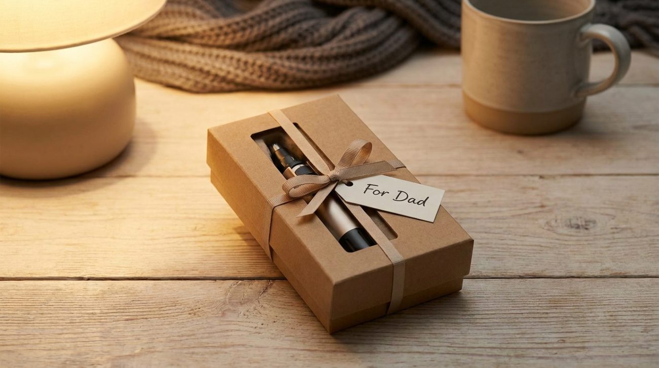 Gift-wrapped nose hair trimmer box on wooden table — thoughtful grooming gift for elderly father or grandfather