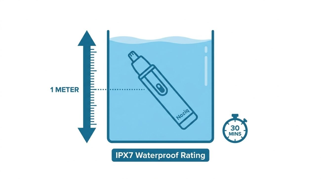 IPX7 waterproof rating diagram showing submersion test at 1 meter depth for 30 minutes — nose hair trimmer protection standard