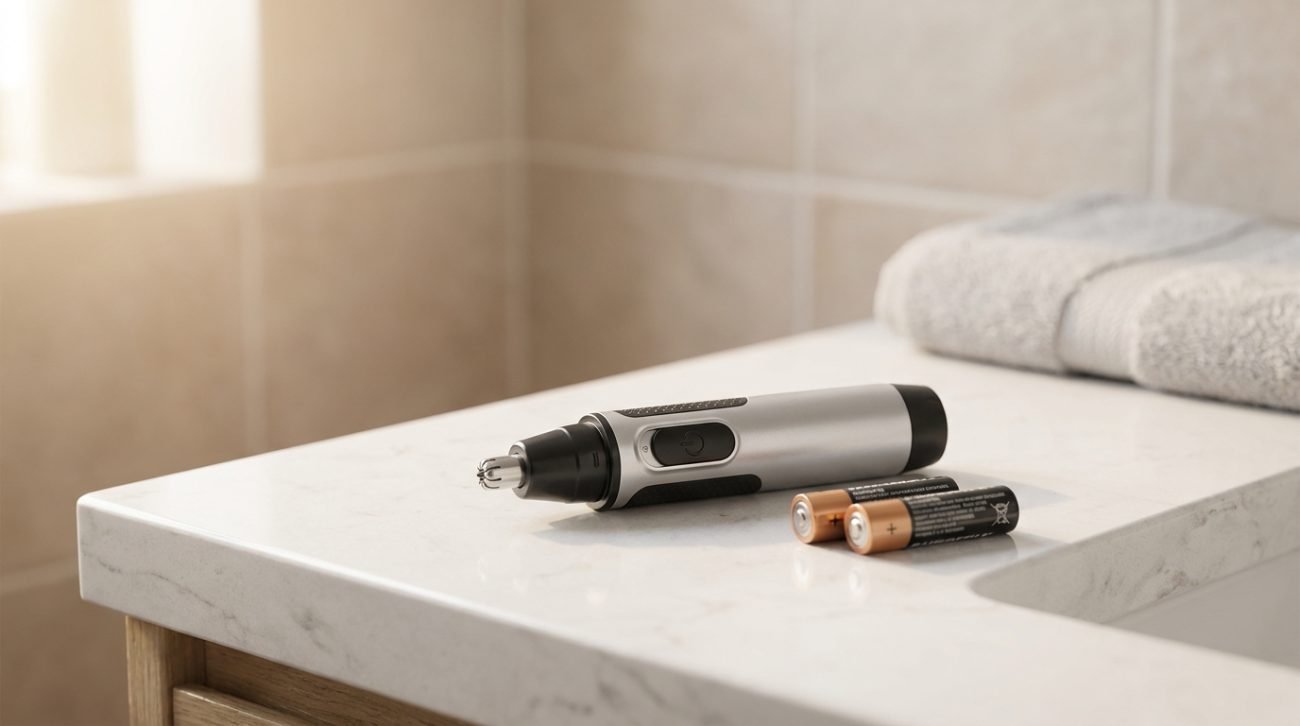 Lightweight battery-powered nose hair trimmer beside AA batteries on clean counter — simple no-charge setup for seniors