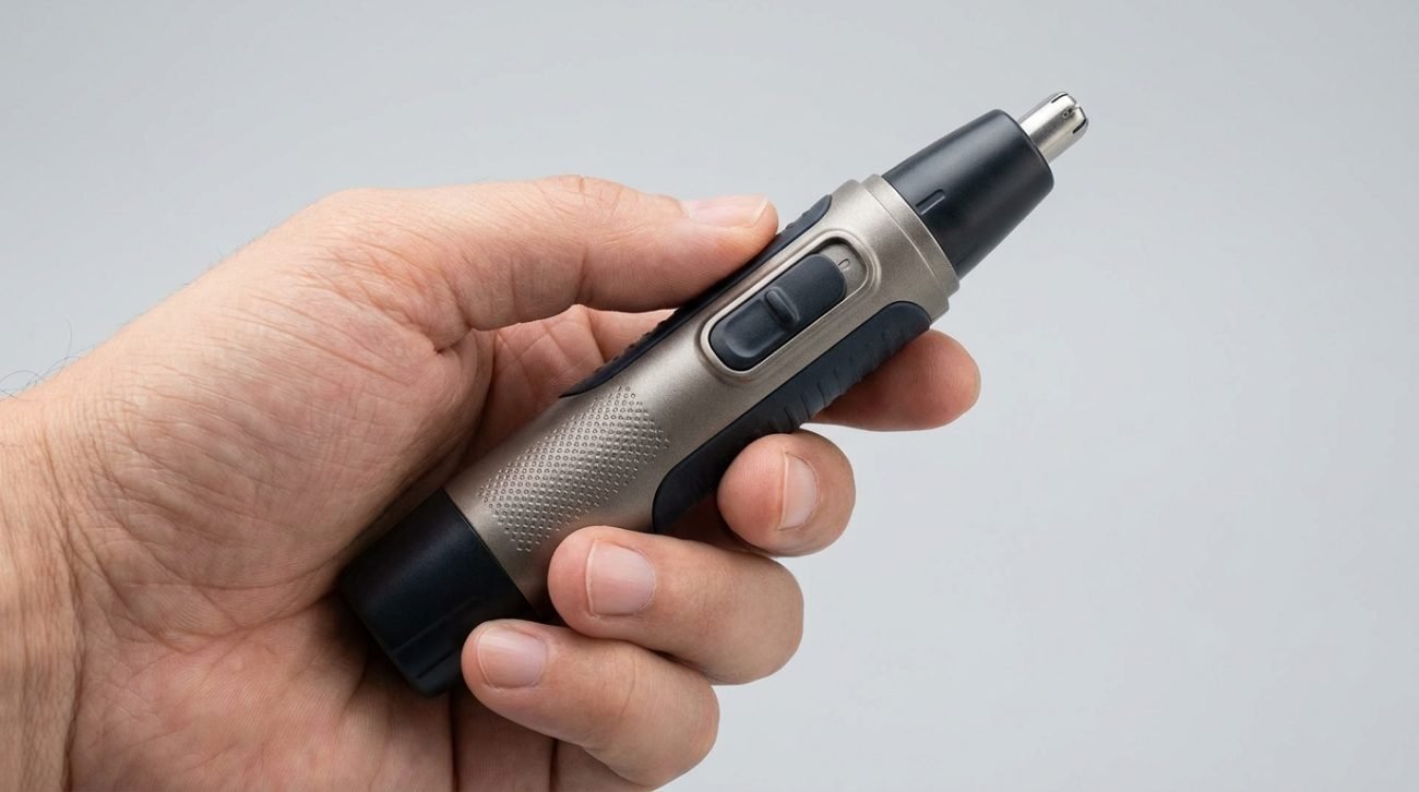Lightweight nose hair trimmer with anti-slip grip held in adult hand — easy one-button operation for seniors