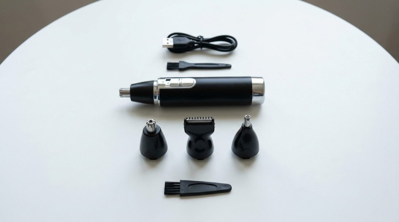 Multi-function nose hair trimmer kit with interchangeable heads laid out on white surface — 3-in-1 grooming set for men