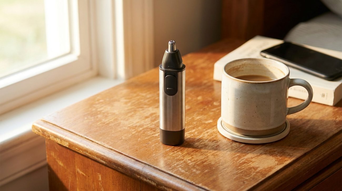 Nose hair trimmer in clean retail packaging on white surface — practical grooming gift for men, Father's Day or Christmas