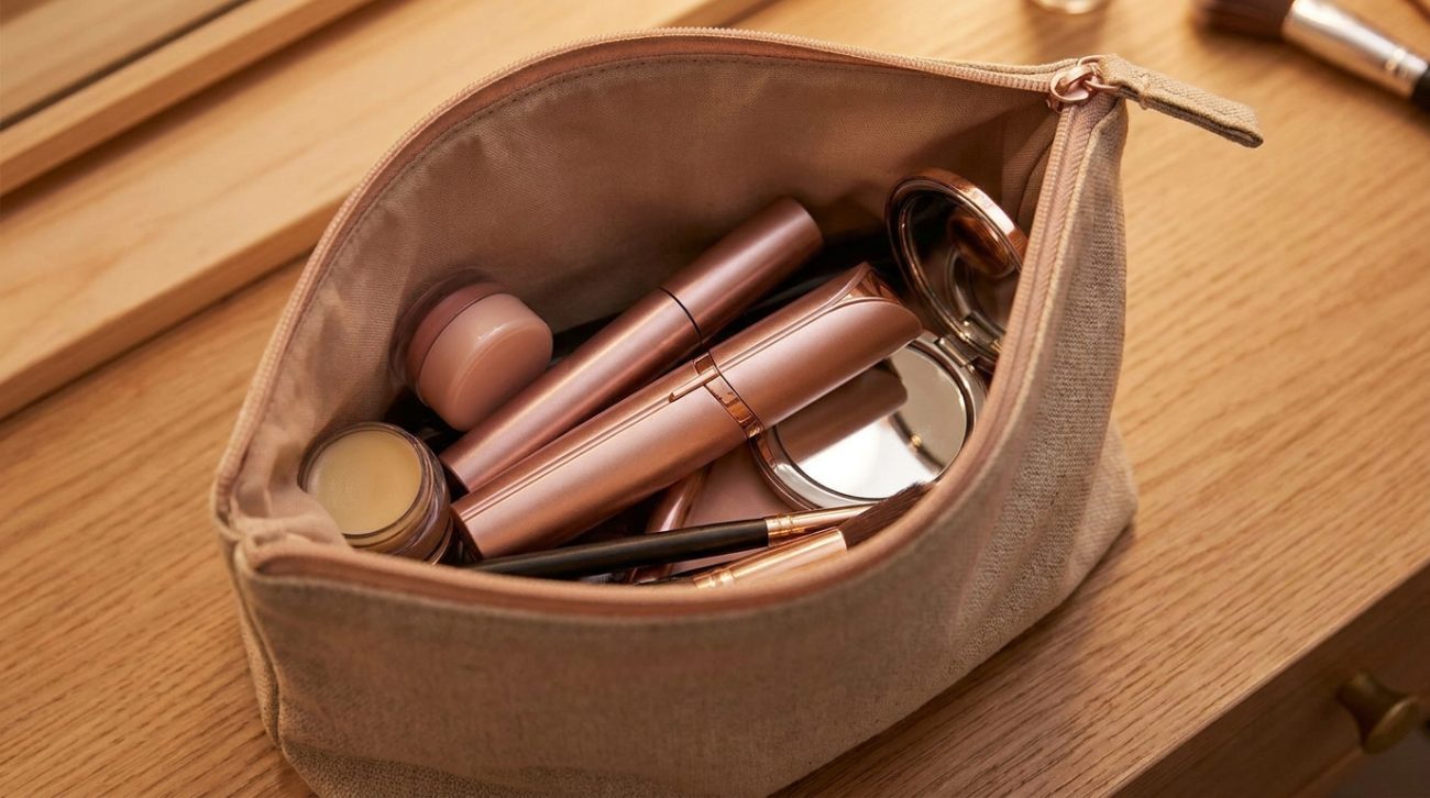 Rose gold lipstick-style nose hair trimmer in open makeup bag — compact women's facial trimmer for travel