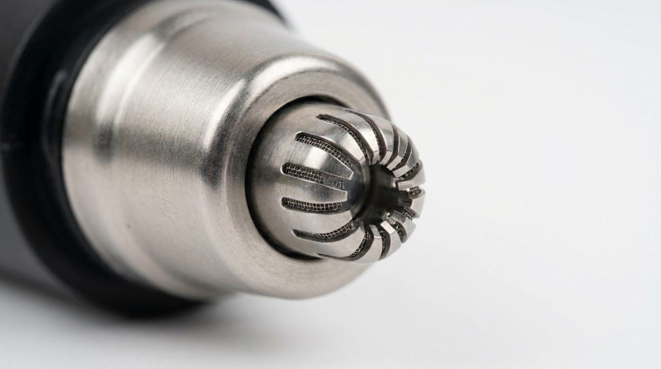 Rotary nose hair trimmer blade head closeup — rounded protective guard, stainless steel cutting edge visible at 45 degrees