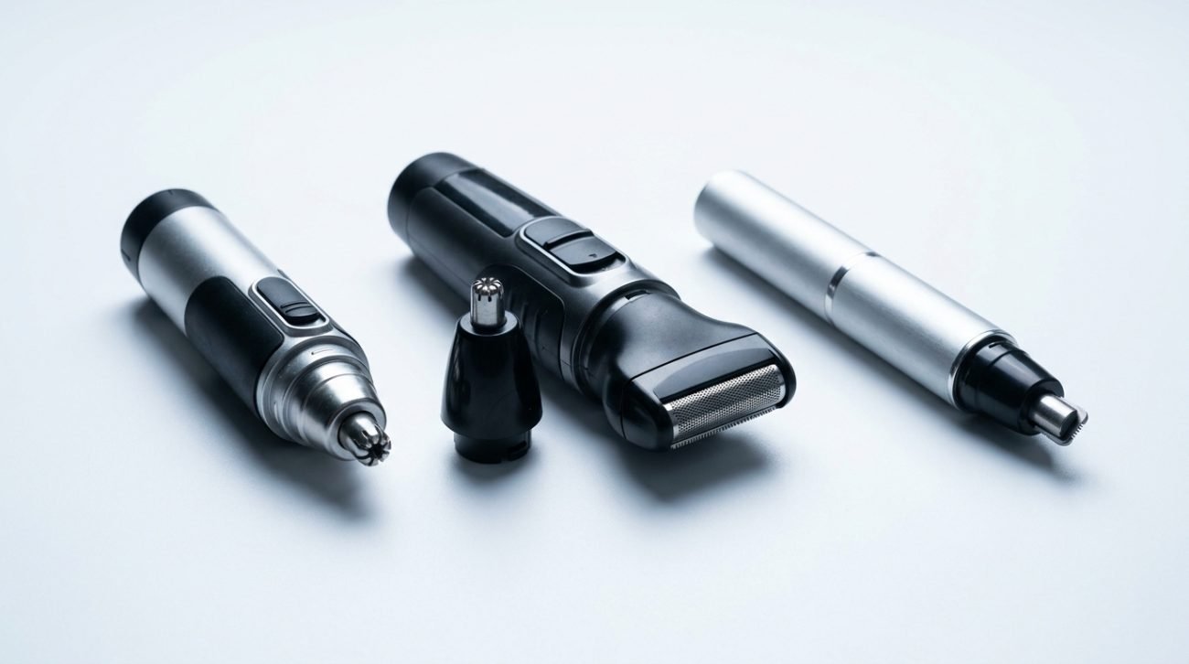 Selection of nose hair trimmers on clean white surface — rotary blade, multi-function, and compact models compared