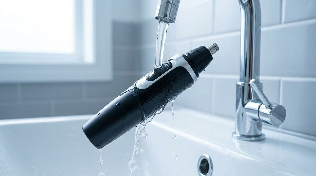 Waterproof nose hair trimmer being rinsed under running faucet — IPX7 rated, full-body washable design
