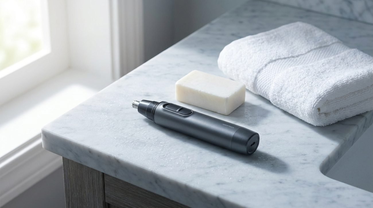 Waterproof nose hair trimmer on clean bathroom counter beside soap and towel — travel-ready grooming setup