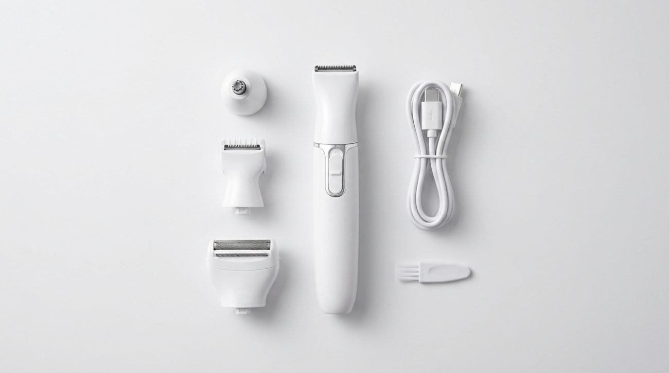 Women's 5-in-1 facial hair trimmer kit with attachments on white surface — nose eyebrow lip bikini trimmer set USB-C