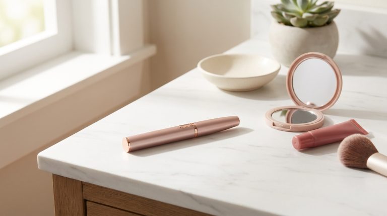 Women's compact facial hair trimmer in rose gold beside makeup items on white vanity — portable nose eyebrow and lip trimmer
